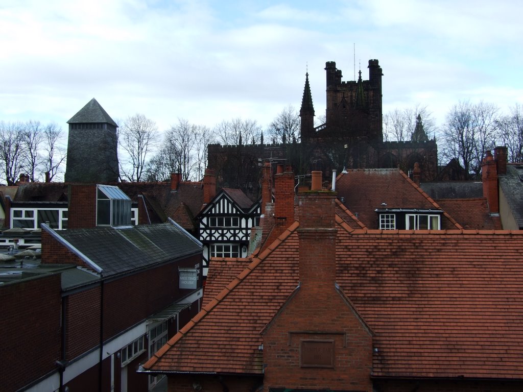 Chester Cathedral (C13th) and Bell Tower (1974) from Tescos car-park