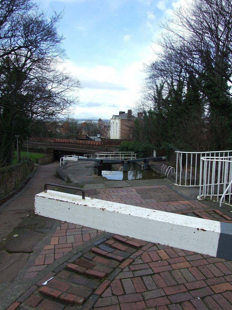 Chester Canal (1770s) - flight of locks from the River Dee looking towards the Clwydian Hills
