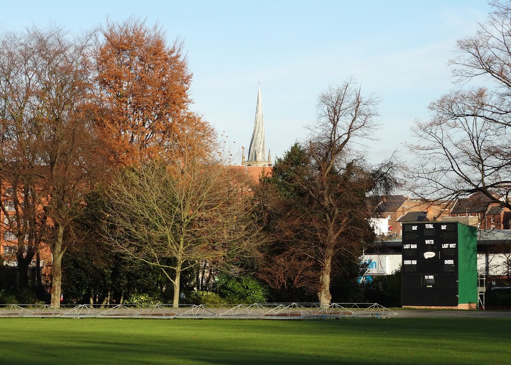 Looking from the cricket ground in Queens Park towards Chesterfield Parish Church