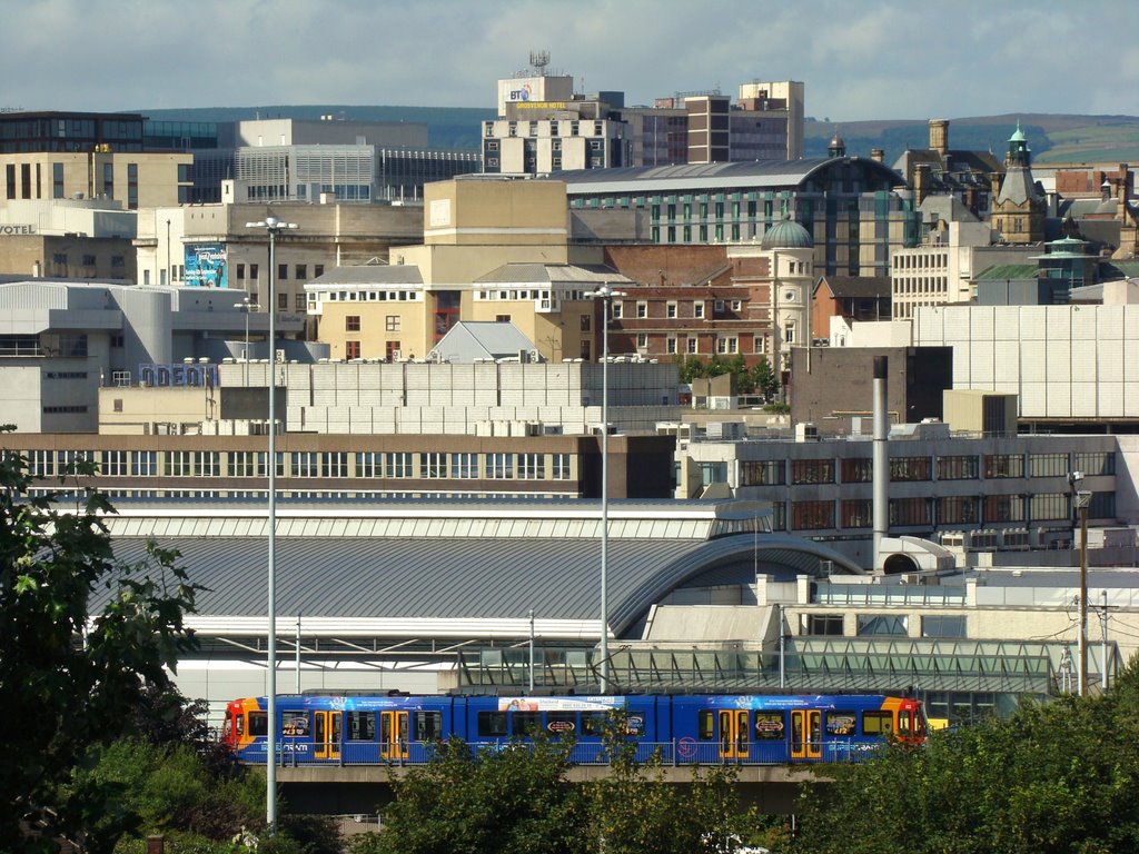 Supertram with the city centre behind, Sheffield S2/S1