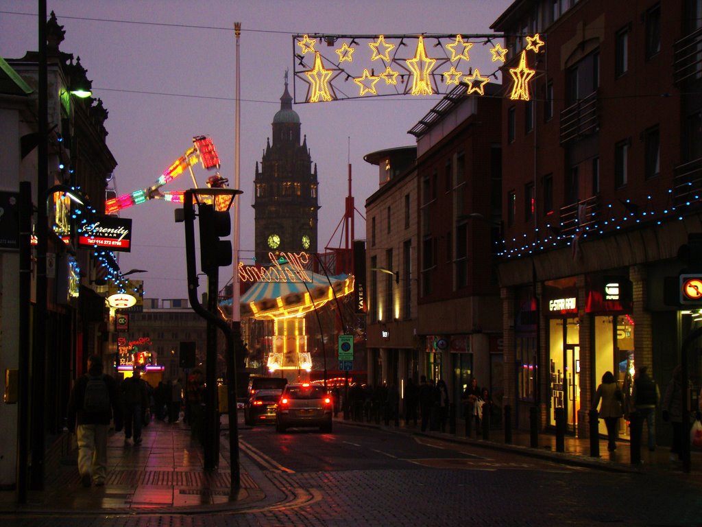 Looking towards the Christmas fair in Barkers Pool from Division Street, Sheffield S1