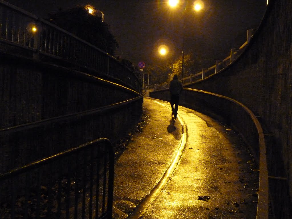 Walking in the rain at night.