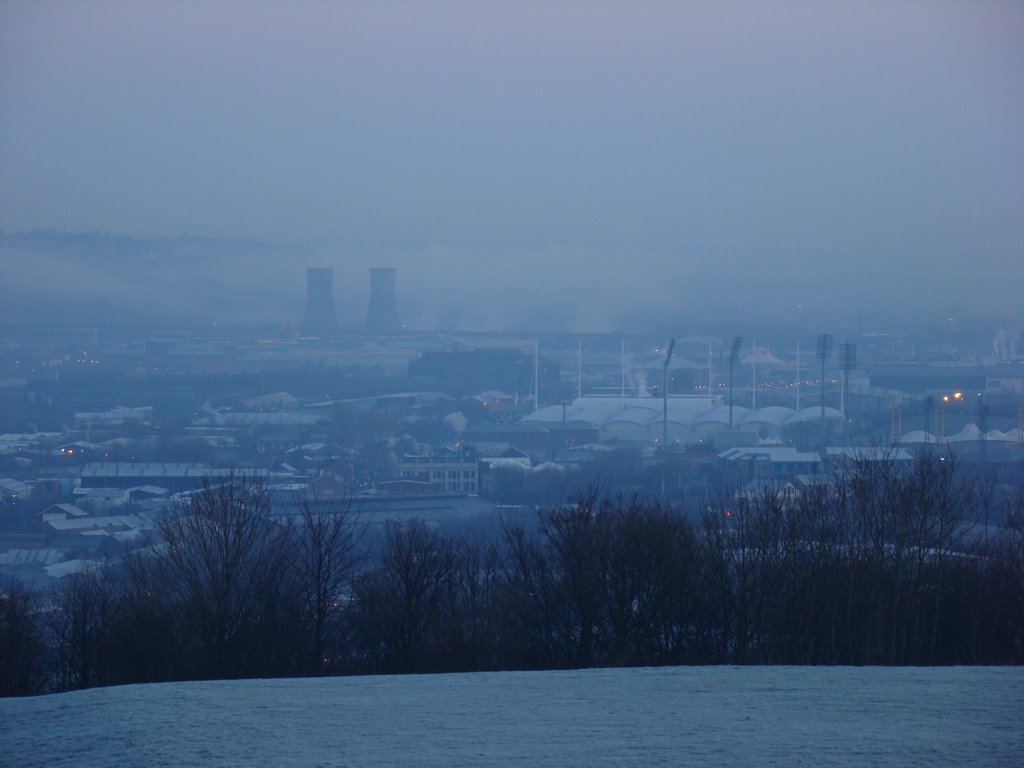 Early morning fog and frost, Lower Don Valley from Sky Edge, Sheffield S2/S9