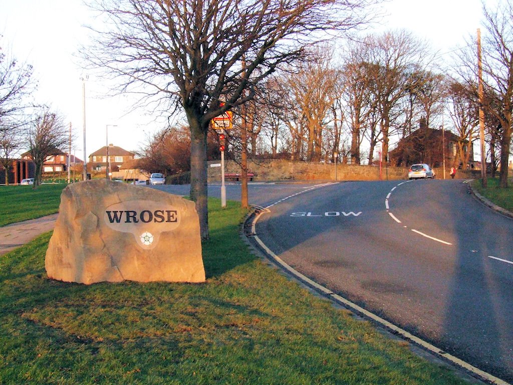 Wrose village sign, made from locally quarried stone