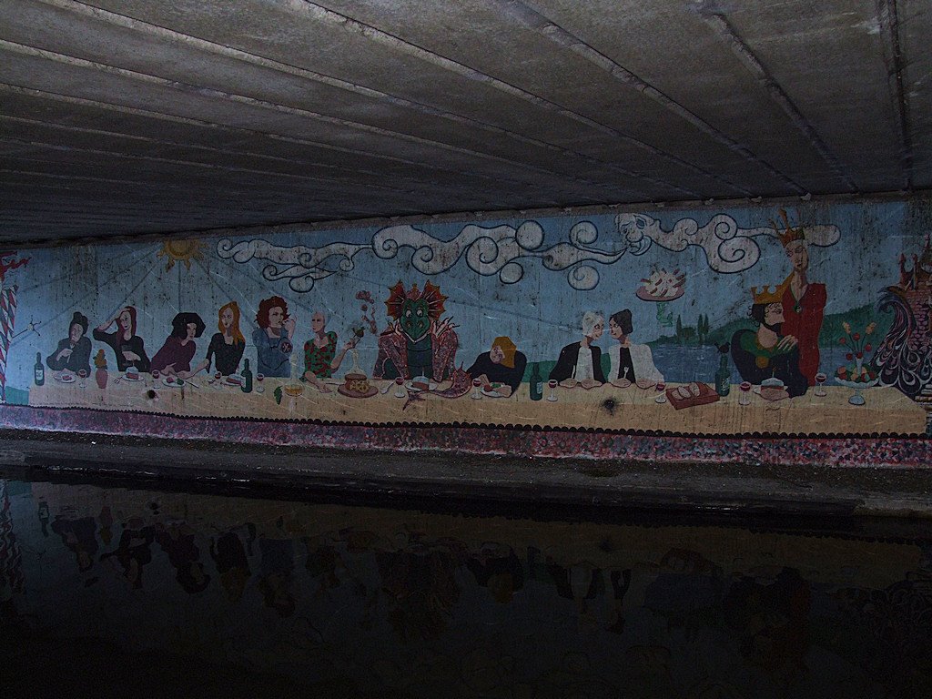 Dodgy mural under the modern Otley Road bridge - it appears to be a satanic Last Supper