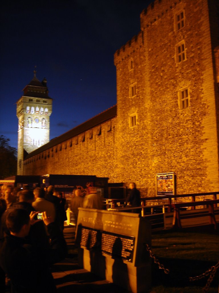 Cardiff Castle gates at night, (Caerdydd, Cymru)