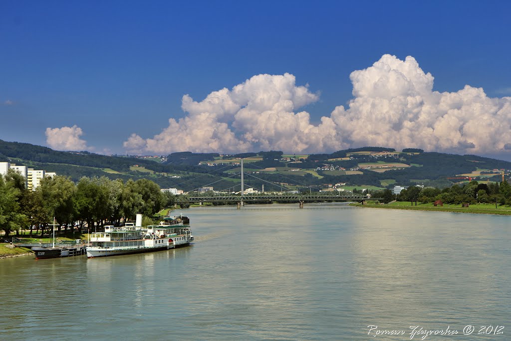 Rivers in Austria. Danube in Linz. View from the Nibelungen bridge