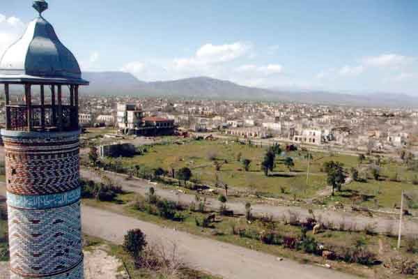 Ruins Aghdam town of Azerbaijan Republic after occupation. Minarets of Aghdam mosque