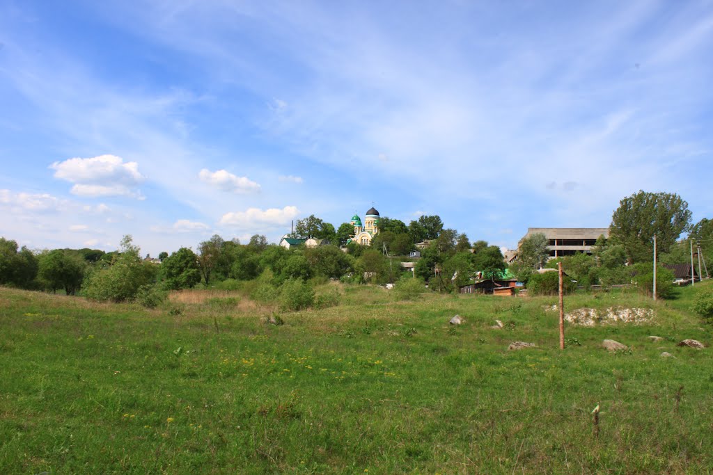 Horodnytsya. The view with the monastery and the ruins of the porcelain factory.