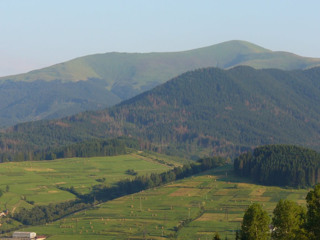 Polonyna Borzhava over the town of Volovets, Ukraine