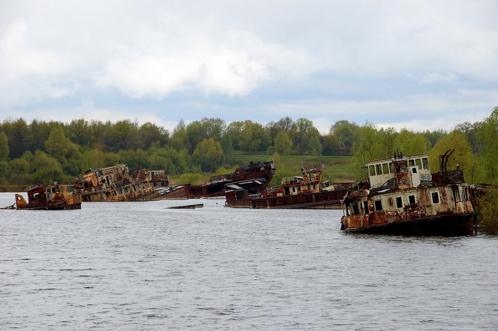 Graveyard of wrecks, Pripyat river in Zone of Alienation