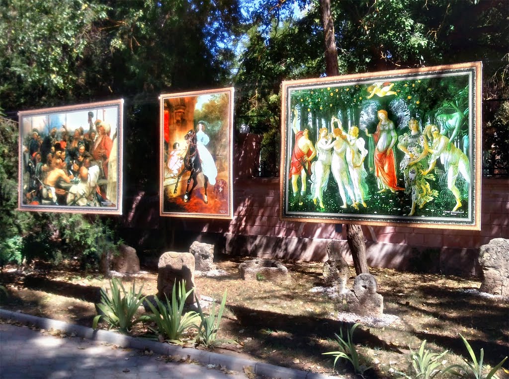 Reproductions of the well-known pictures near an entrance in a museum