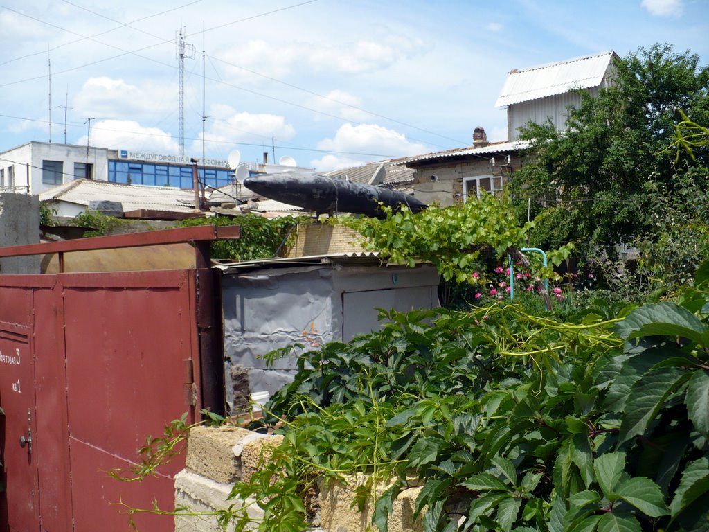Airplane fuel tank on the roof: used as a water tank