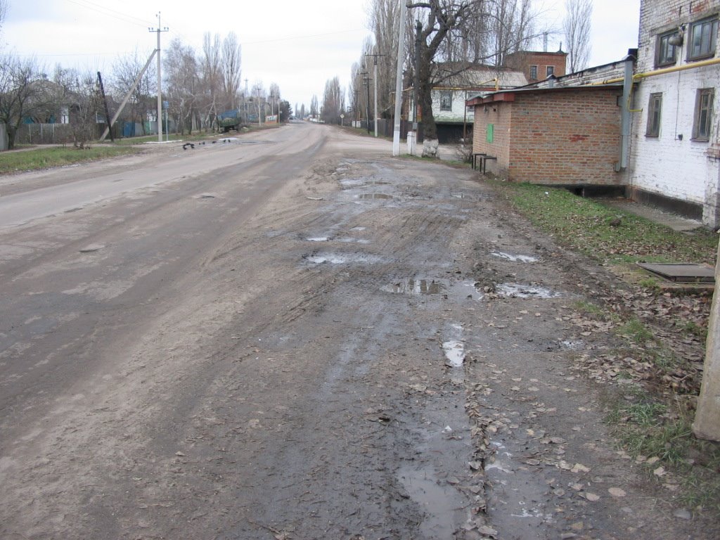 Druzhby Narodov street. Ukraine is on the left and Russia is on the right side