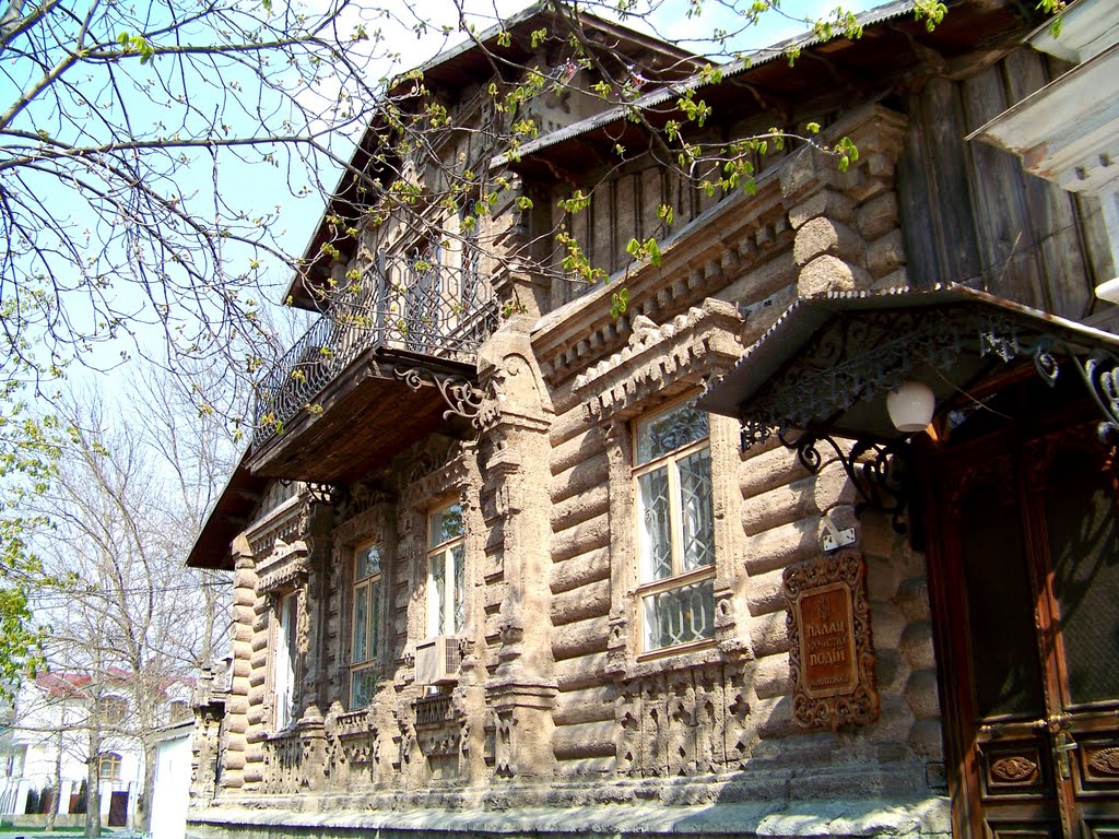 Дом из камня, имитация деревянного сруба
