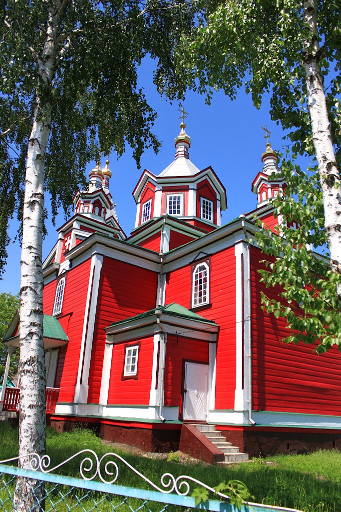 Noviy Korets. St. Paraskeva Friday Orthodox church between the birch trees.