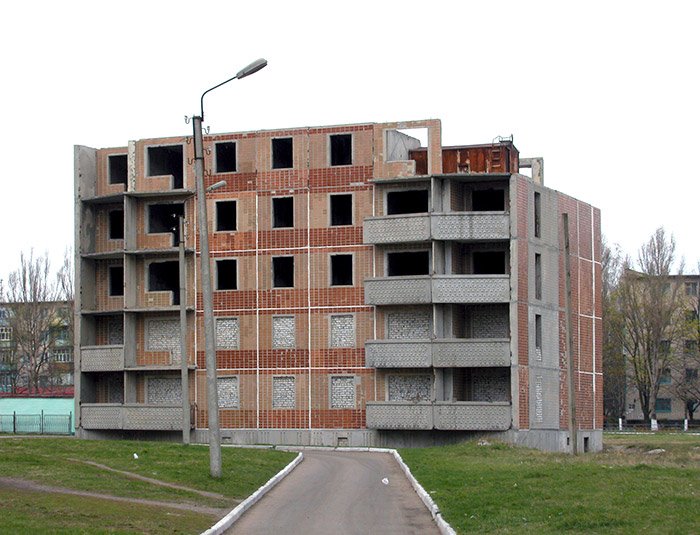 Wasted buildings at microrayon in Lozovaya (Lozova), Ukraine