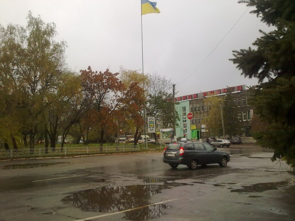 В центре Новой Водолаги (вид на флаг и герб)